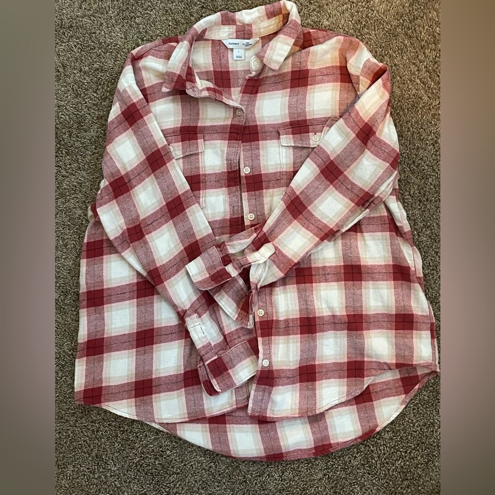 A plaid old navy top called “ The boyfriend shirt”